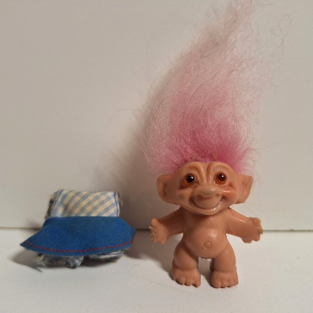 1964 SHE Troll Doll Pink Hair 1.5" Blue Dress DAM Amber Eyes Vintage - Picture 2 of 10